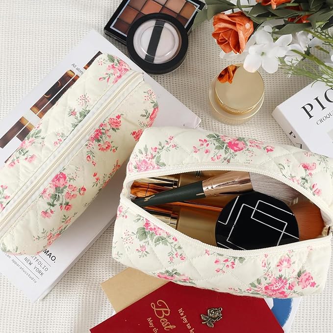 2Pcs Floral Makeup Bag for Women Cotton Quilted Small Coquette Cosmetic Bag Cute Zipper Pink Flower Makeup Pouch Aesthetic Portable Pencil Pouch Travel Toiletry Bag Trendy Cloth Skincare Bag