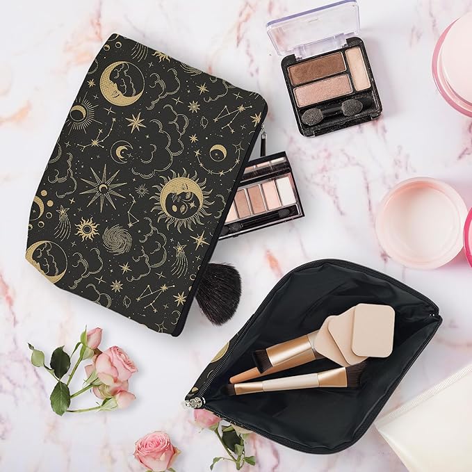 huester Black Golden Sun and Moon Star Witchy Makeup Bag, Moon Make Up Bag, Tarot Cosmetics Bag, Cosmetic Bags Travel Makeup Pouch Astrology Witchy Gifts for Purse Women Girls Sister Mom
