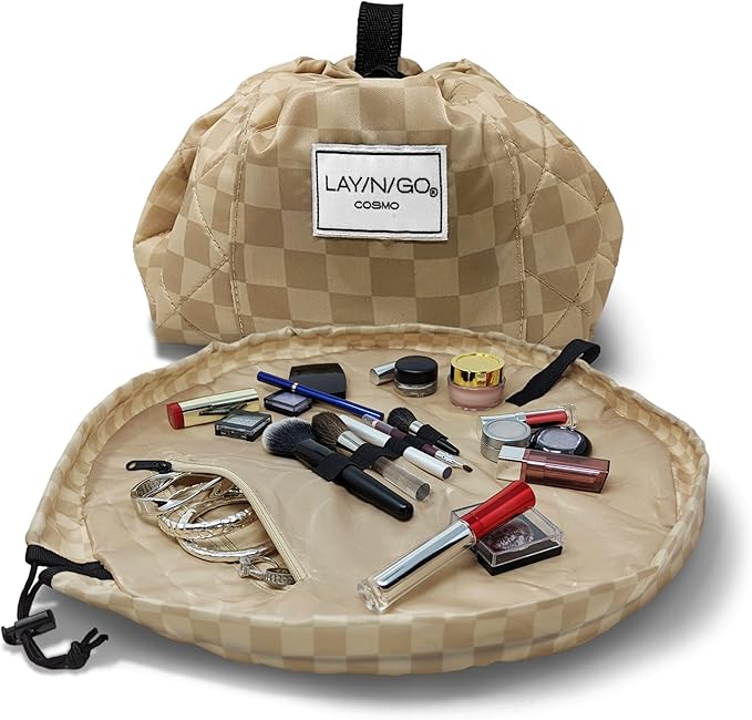 Lay-n-Go Cosmo Layflat Drawstring Cosmetic & Makeup Bag Organizer - Portable Drawstring Bag w/Zipper Pocket, Makeup Loops & More - Durable, Machine Washable Toiletry Bag for Travel (20", Checked)