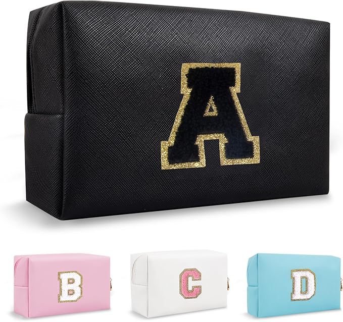 Personalized Initial Preppy Patch Makeup Bag, Small Cute Cosmetic Pouch Make Up Case Travel Toiletry Zipper Pouch, Monogram Waterproof PU Leather Chenille Letter Storage Bag Gifts for Women(Letter A)