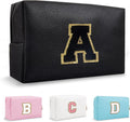 Personalized Initial Preppy Patch Makeup Bag, Small Cute Cosmetic Pouch Make Up Case Travel Toiletry Zipper Pouch, Monogram Waterproof PU Leather Chenille Letter Storage Bag Gifts for Women(Letter A)