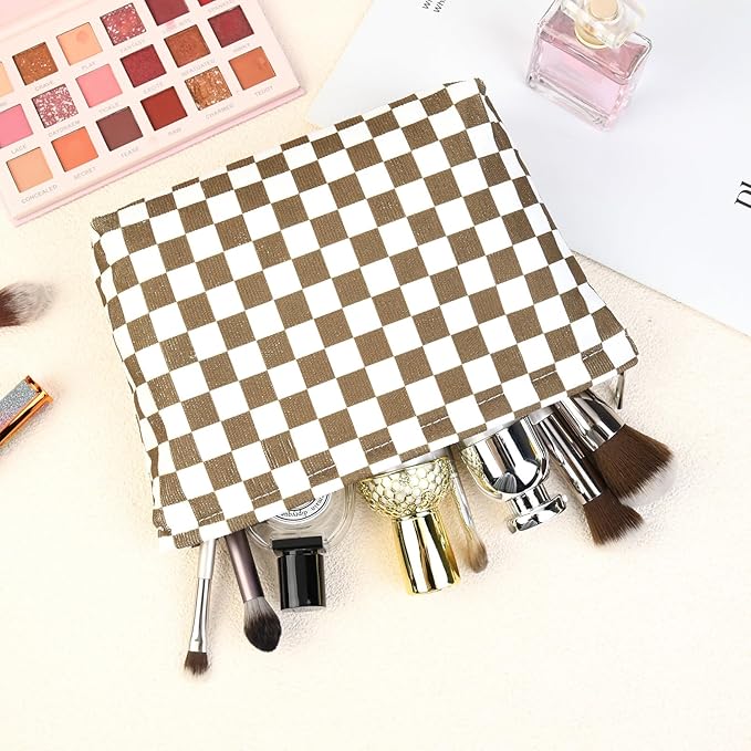 SOIDRAM 2 Pcs Checkered Makeup Bag Large Cosmetic Bag Toiletry Bag Makeup Pouch Travel Bag Organizer Cute Makeup Brushes Aesthetic Accessories Storage Bag for Women Coffee Brown