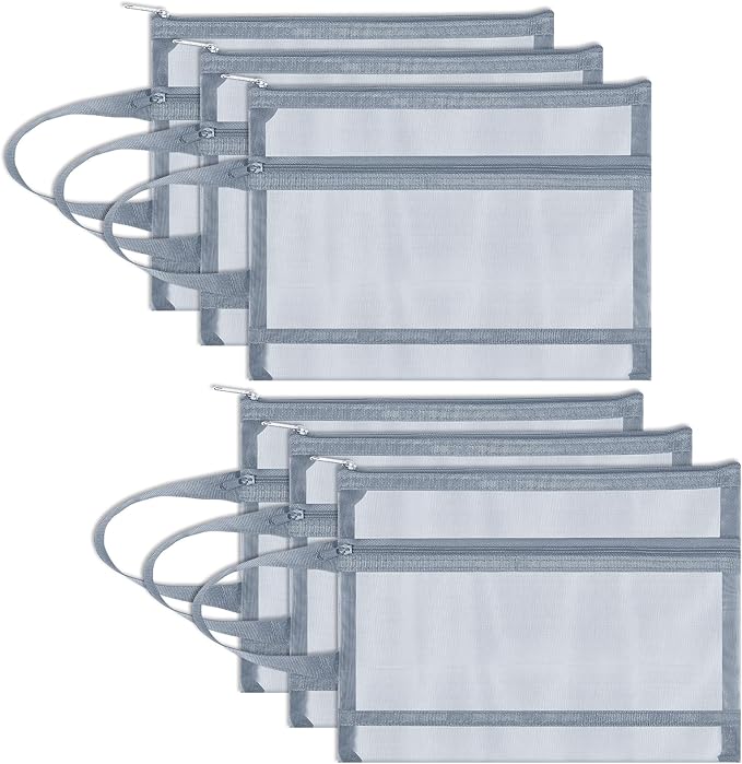 6 Pack Mesh Zipper Pouch Bags, Double Layer Nylon Pouch with Handle for Office Travel Organization (Grey, A5)