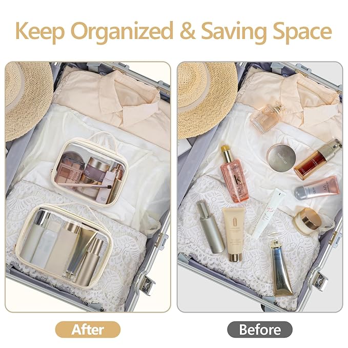 PACKISM Clear Makeup Bag - 2 Pack TSA Approved Toiletry Bag with Handle and 180° Large Opening, Sturdy Clear Toiletry Bag Fit Carry-on Travel Essential, Travel Bags for Toiletries, Creamy Off-White