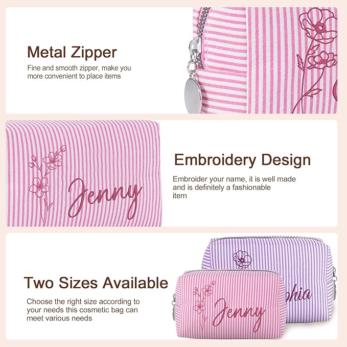 Yofair Personalized Makeup Bag with Bith Flower, Large Capacity Travel Toiletry Case Teen Girl Gift Trendy Stufff Custom Seersucker Cosmetic Bags Birthday Gifts for Girls Women
