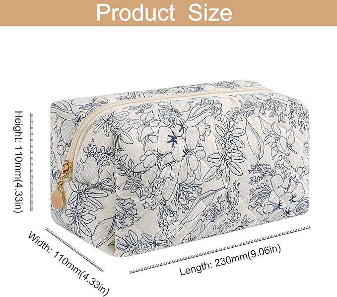 Makeup Bag Travel Cosmetic Bag for Women, Zipper Make Up Pouch, Floral Flowers Toiletry Organizer, Portable Storage Bag, Cosmetic Travel Cloth Bag (Pink+Navy Blue Flower)