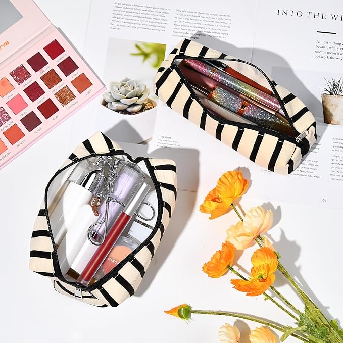 SOIDRAM Makeup Bag Corduroy Cosmetic Bag White Stripe Makeup Pouch 1Pcs Large Capacity Makeup Bags and 1Pcs Makeup Brushes Storage Bag Travel Toiletry Bag Organizer