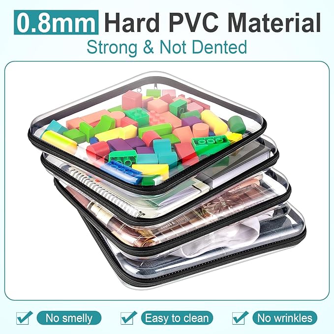 Sanwuta 6 Pcs Clear Hard Zipper Case Hard Plastic Zipper Pouches Makeup Bag Pencil Pouches Transparent Cases for Snacks Plastic Storage Organizer Box for Travel(Black,13.78 x 11.81 x 2 Inch)