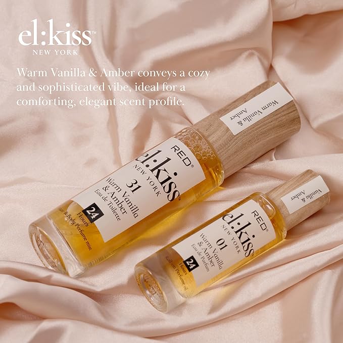 EL:KISS Roll On Perfume, Warm Vanilla & Amber Eau de Parfum 12mL (.40 Fl Oz), Hydrating & Long-Lasting, Alcohol-Free & Mineral Oil-Free, Infused with Jojoba, Argan & Coconut Oil