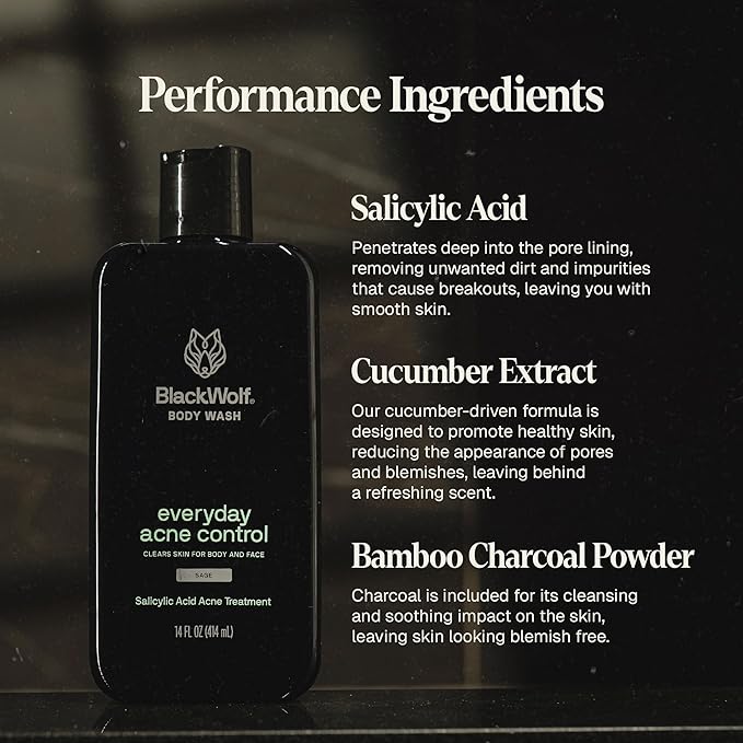 Black Wolf Salicylic Acid Body Wash for Men - 14 Fl Oz Men's Acne Body Wash - Charcoal Helps Reduce Acne Breakouts & Cleanse Your Skin - Full Coverage & Deep Clean Treatment - Men's Bodywash