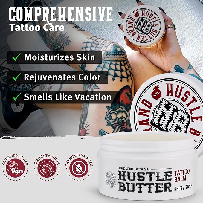 Hustle Butter Tattoo Soap & Aftercare Balm - Antibacterial Soap, Safe To Use While Healing, Vegan, No Petroleum - 5 Ounce Balm & 7 Ounce Tattoo Wash Kit