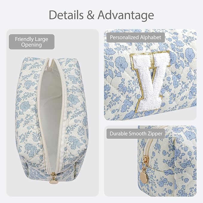 Gleyemor Personalized Initial Makeup Bag for Women, Cute Quilted Blue Floral Cotton Cosmetic Bag, Christmas Gifts for Her Mom Friend Sister Bridesmaid Teacher Women V
