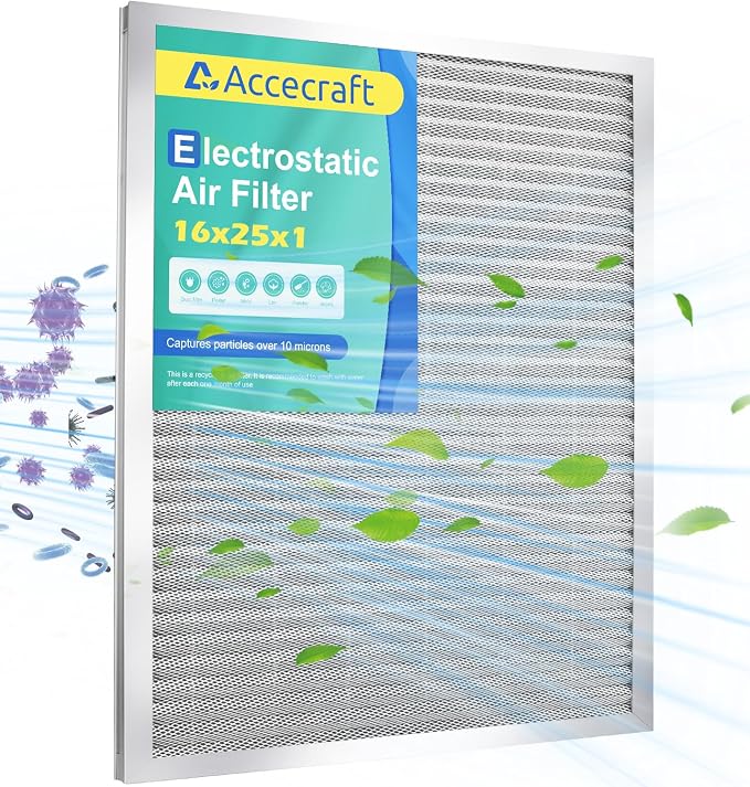 16x25x1 Electrostatic Air Filter, Washable & Reusable Aluminum AC/HVAC Furnace by Accecraft