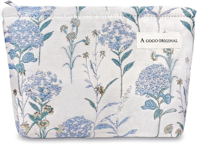 STARDW Aesthetic Floral Makeup Bag Cute Small Cosmetic Bags for Women Girls, Travel Toiletry Bag Large Capacity Zipper Makeup Pouch, Purse Organizer Pouches (Dandelion Blue)