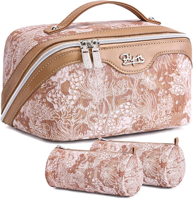 BOYATU Travel Makeup Bag for Women: Large Capacity Make up Bag with Compartments - Vegan Leather Cosmetic Bag set of 3 - Waterproof Toiletry Bag with Handle & Divider(E-5-Orange)