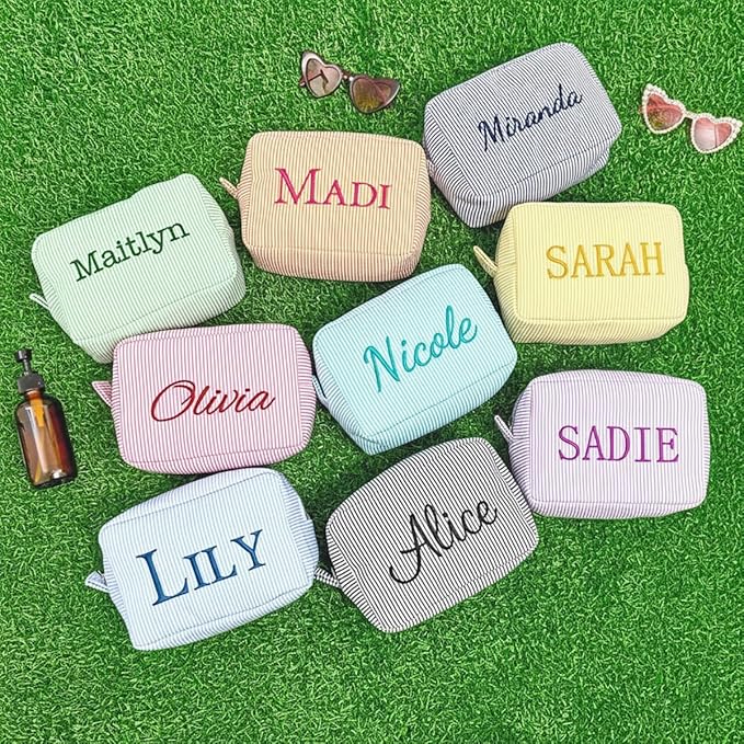 DayOfShe Personalized Name Makeup Bag for Bridesmaid Gifts, Personalized Gifts Stocking Stuffers for Teen Girls Women, Custom Cosmetic Travel Toiletry Bag for Teenager Girls Gifts