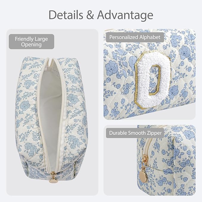 Gleyemor Personalized Initial Makeup Bag for Women, Cute Quilted Blue Floral Cotton Cosmetic Bag, Christmas Gifts for Her Mom Friend Sister Bridesmaid Teacher Women O