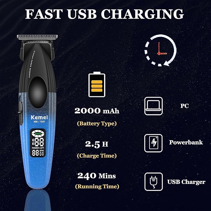 KEMEI 1669 Beard Trimmer for Men, Cordless Hair Trimmers with LED Display, 9000 RPM Hair Clippers for Barber with Charging Base, DLC Coated T-Blade