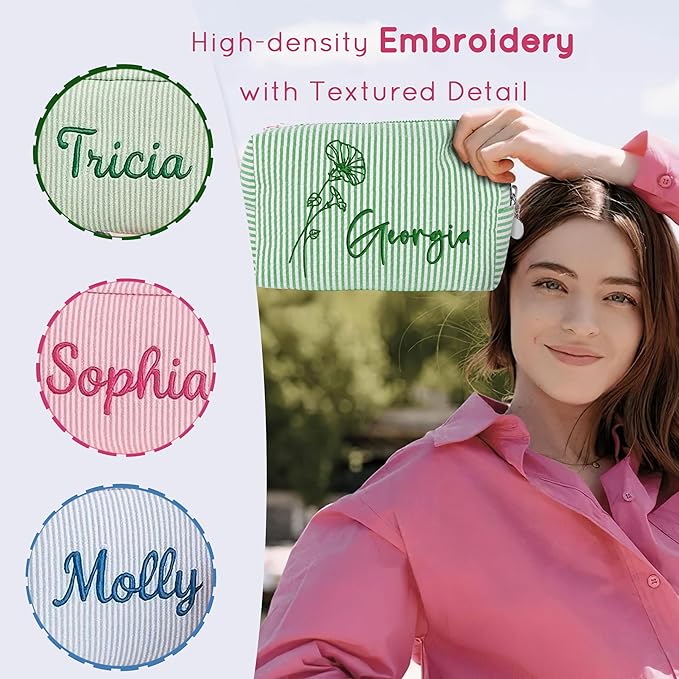 DayOfShe Personalized Makeup Bag Embroidered with Name&Birth Flower for Birthday Bridesmaids Gifts, Custom Seersucker Cosmetic Toiletry Bags Stocking Stuffers for Teen Girls Women Gifts