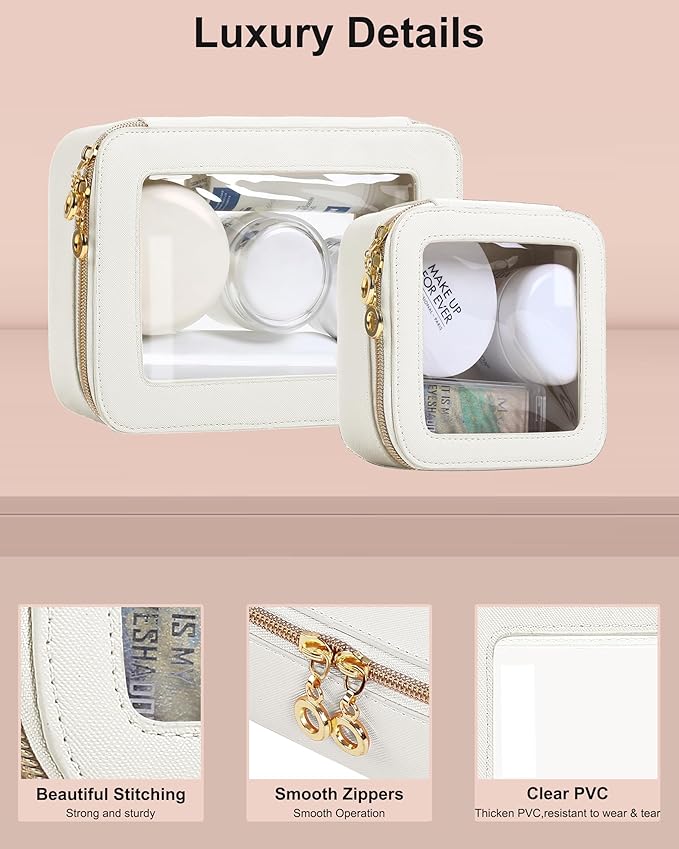 Small Clear Makeup Bag for Purse, Cute Mini Clear Cosmetic Bag Case Organizer, TSA Approved Square Small Makeup Case Pouch with Zipper, Car Travel Purse Essentials for Women (White, S)