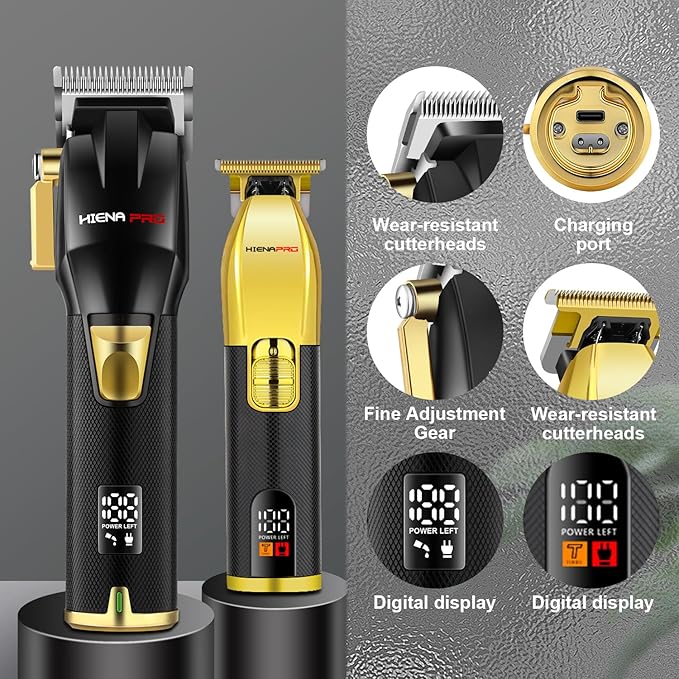 HIENA PRO Professional Hair Clippers Set for Men, Cordless Barber Kit for Haircut, Clippers and Trimmers Set, Hair Cutting Kit with LED Display & Rechargeable USB, Gifts for Men (Black Gold)