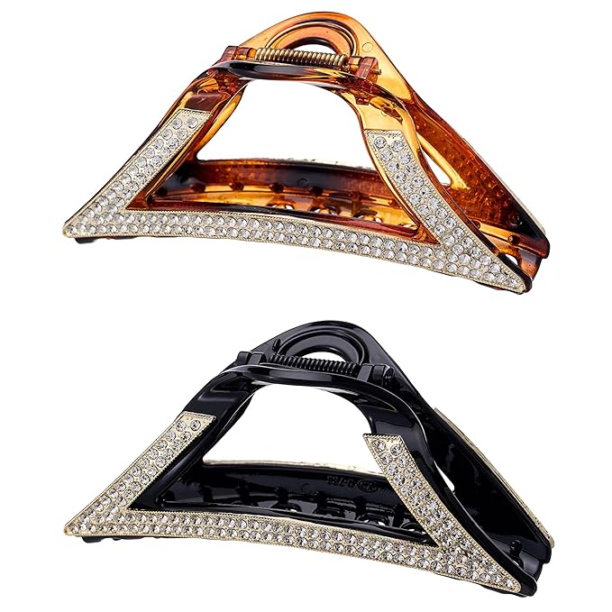 SINIDE Rhinestone Hair Clips, Triangle Crystal Claw Clips Nonslip Acrylic Metal Jaw Clip for Thick Long Hair, Fashion Elegant Clamps Accessories for Women Strong Hold Barrette for Styling (2 Pack)