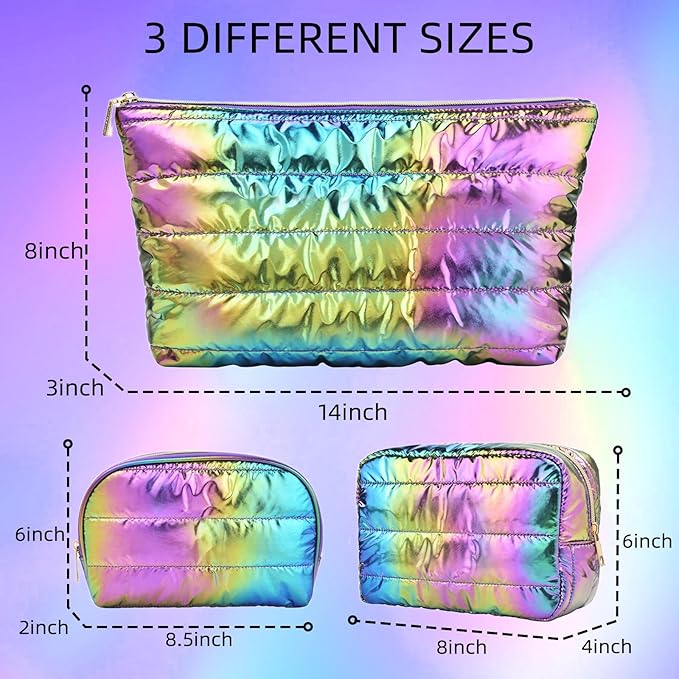 Hiroyuki Iridescent Quilted Makeup Bag, 3pcs Cute Makeup Bag Set, Large Capacity Cosmetic Organizer Travel Toiletry Pouch (plain, rainbow)