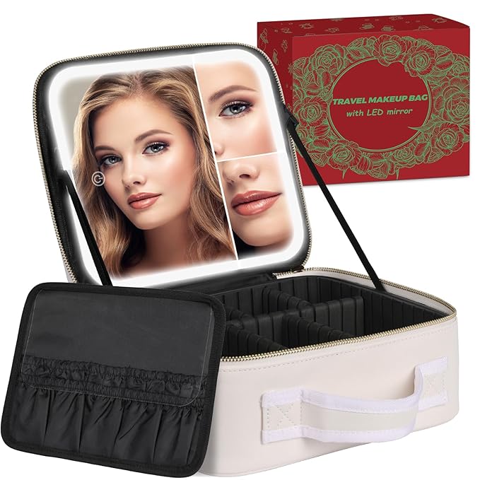 Makeup Bag with LED Mirror, Makeup Organizer Train Case with 1X,2X,3X Vanity Mirror, Adjustable Brightness in 3 Color Settings, Portable Make up Bag with Brush Holder & Storage Dividers, White