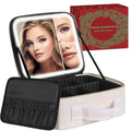 Makeup Bag with LED Mirror, Makeup Organizer Train Case with 1X,2X,3X Vanity Mirror, Adjustable Brightness in 3 Color Settings, Portable Make up Bag with Brush Holder & Storage Dividers, White