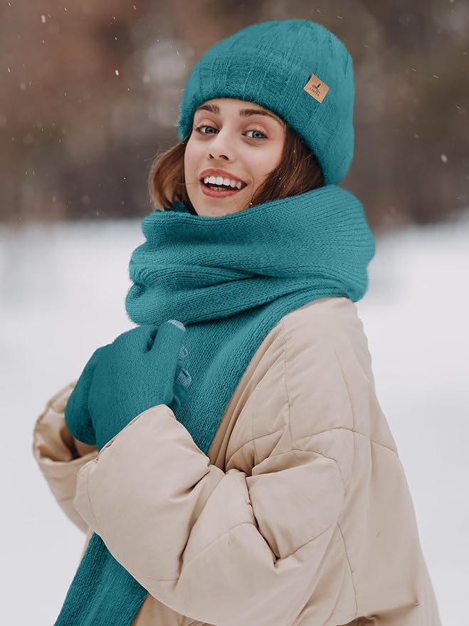 Winter Beanie Hat Scarf Gloves, Warm Fleece Knit Hat Long Scarf Neck Warmer Touch Screen Winter Gloves Set Gifts for Women