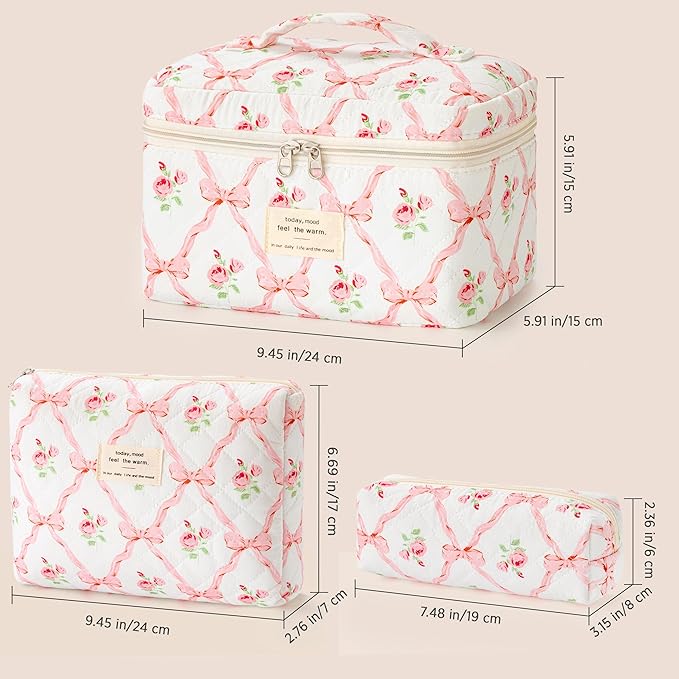 HBselect Quilted Makeup Bag, 3PCS Cotton Large Travel Makeup Bag, Cute Floral Coquette Make up Bag Cosmetic Bag Toiletry Bag for Women Girls
