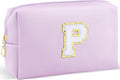 Gifts for Girls Initial Makeup Bag Personalized Cosmetic Bag with Zipper Cute Travel Toiletry Bag Waterproof PU Preppy Makeup Pouch Birthday Gift for Teen Girls Women(Purple P)