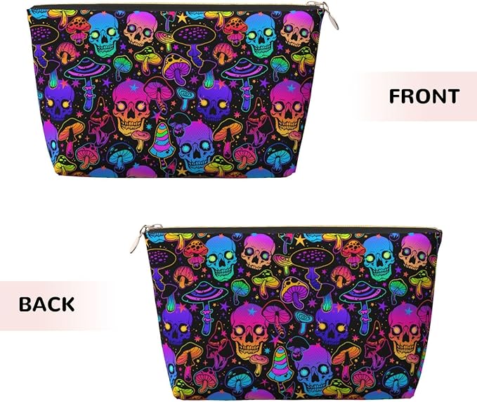 Mushrooms Skulls Small Makeup Bag for Women - Leather Travel Cosmetic Bag Make Up Pouch Mini Travel Zipper Pouch - Makeup Organizer Bag