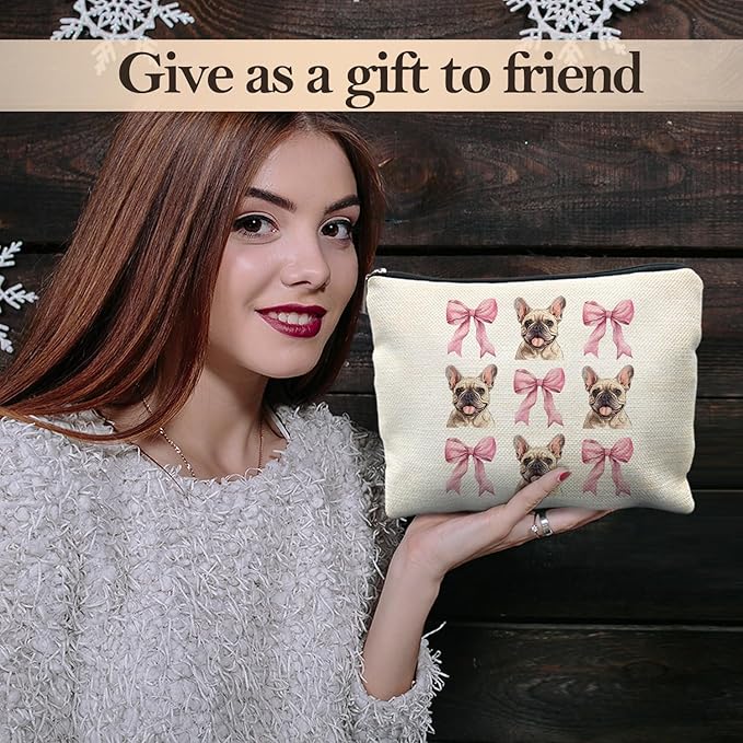 French Bulldog Makeup Bag, Coquette Pink Bow Frenchie Dog Cosmetic Bags for Women, French Bulldog Gifts Makeup Pouch, Frenchie Mom Gifts Zipper Pouch