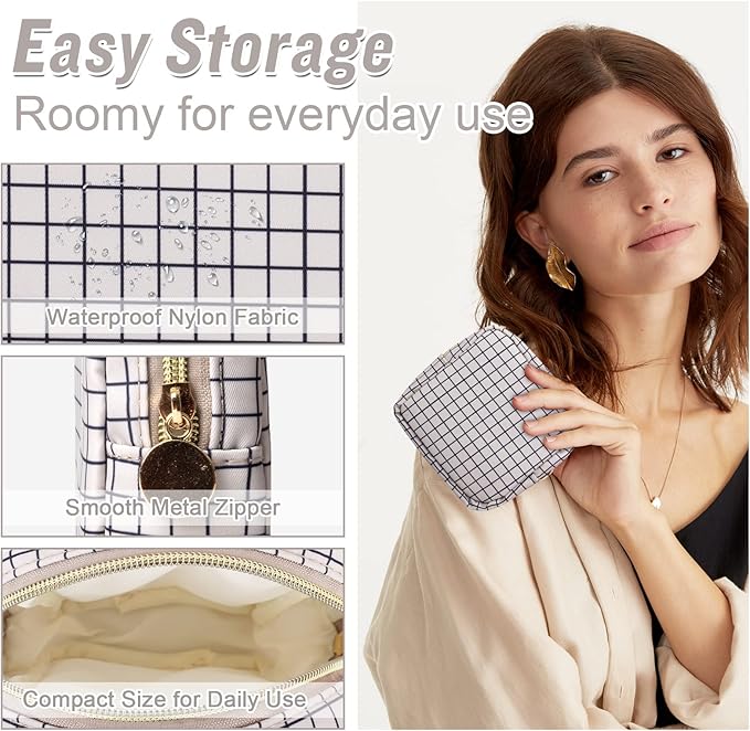 Nylon Mini Makeup Bag for Purse, Small Cute Checkered Makeup Bag Preppy Cosmetic Zipper Pouch Purse, Travel Coin Pouch Sanitary Napkin Storage Bag Clutch Make Up Organizer for Women Girls(Checkered)