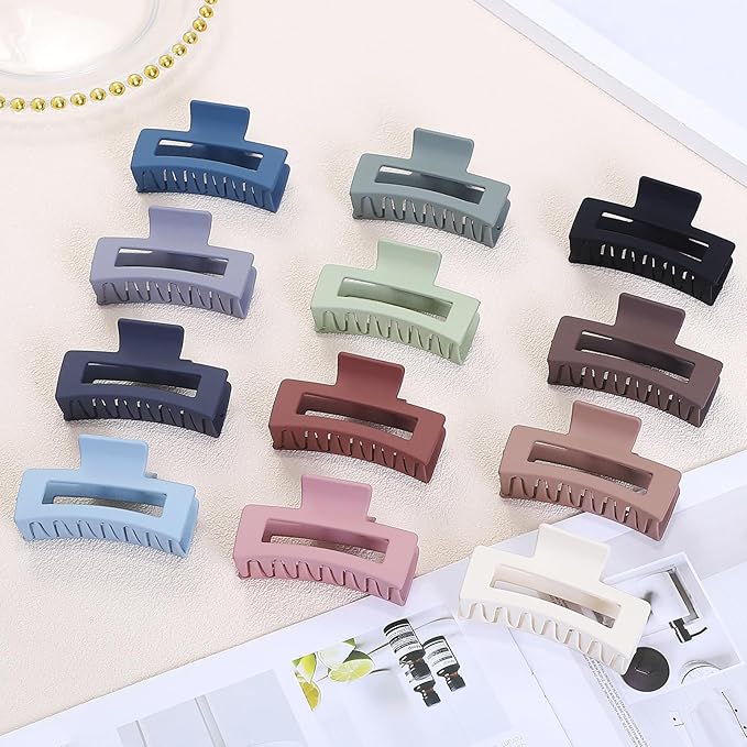 Hair Accessories - 12 Pcs 3.5 Inch Square Rectangle Jaw Clips for Women and Girls, Multicolor, Thick and Thin Hair