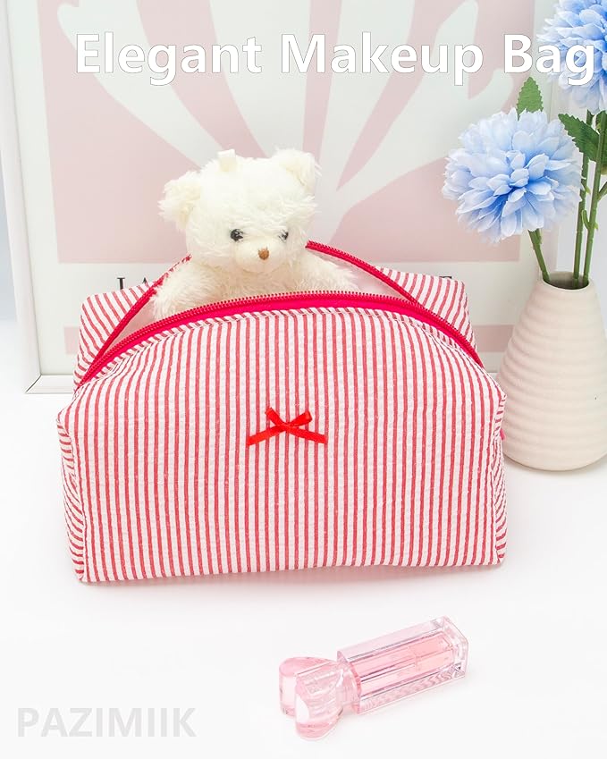 PAZIMIIK 2PCS Cozy Makeup Bag Small Aesthetic Travel Zipper Cosmetic Pouch for Women Make Up Beauty Accessories Brushes, Stripe Red