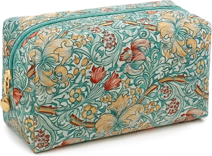 Floral Cotton Makeup Brush Cosmetic Bag for Women, Travel Quilted Zipper Pouch, Large Capacity Flowers Toiletry Organizer, Kawaii Makeup Storage Case, Cosmetic Travel Cloth Bag-Garden Light Blue