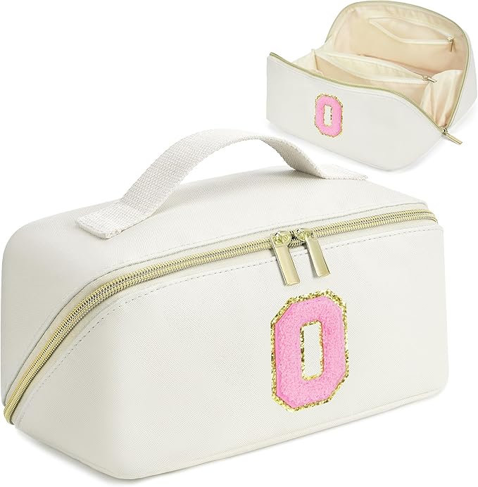 for Christmas Day Gifts, Makeup Bag for Women, PU Leather Travel Toiletry Bags, Initial Make Up Cosmetic Pouch for Teen Girls, Wide Open Portable Skincare Bag, Personalized Birthday Gifts, White O