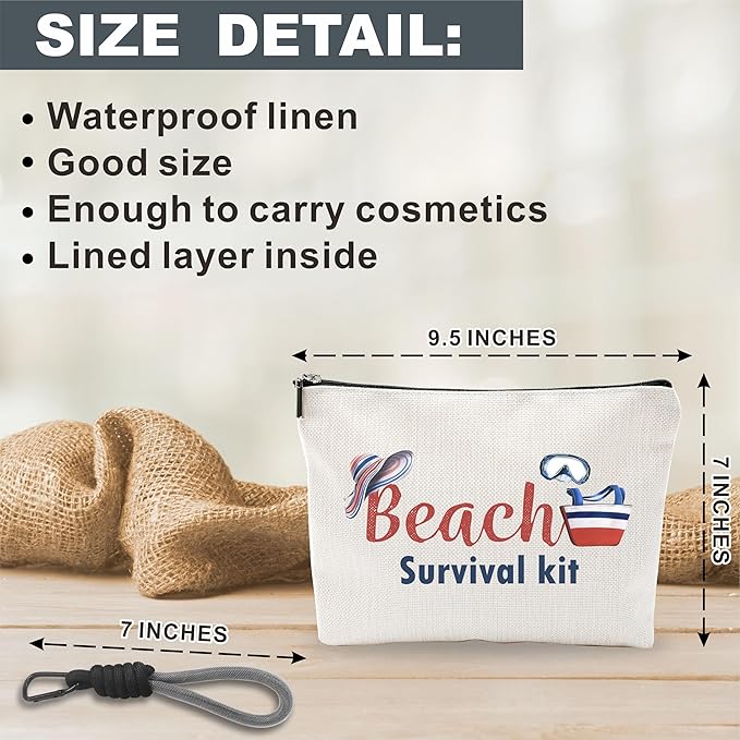 Funny Make Up Bag For Woman, Cosmetic Bag With Hand Strap- Beach Survival Kit - Lined Toiletry Bag - Retro Summer Theme Pouch, Girl Organizer With Zipper, Women Essentials & Accessories - B05