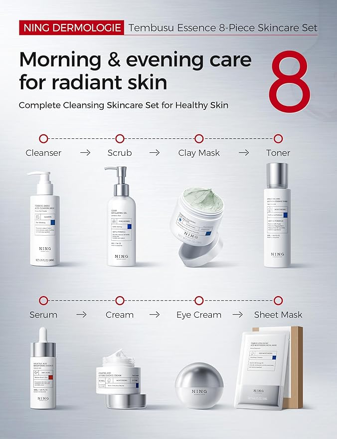 Skin Care Set: 8-Step Tembusu Essence Skincare Kit, Cleansing Hydrating Moisturizing Anti-Aging Gift Sets for Women – Complete Daily Routine for Sensitive, Dry, Oily & Aging Skin