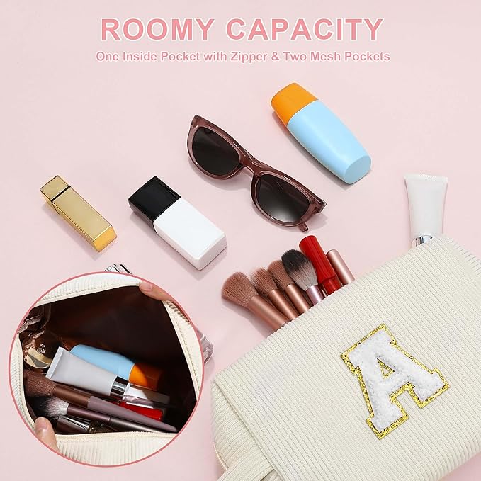 YOOLIFE White Makeup Bag Makeup Pouch - Travel Makeup Bag Makeup Bags for Women Travel Essentials Corduroy Makeup Bag Cute Makeup Bag Large Makeup Bag Personalized Friend Gifts Mom Gifts White R