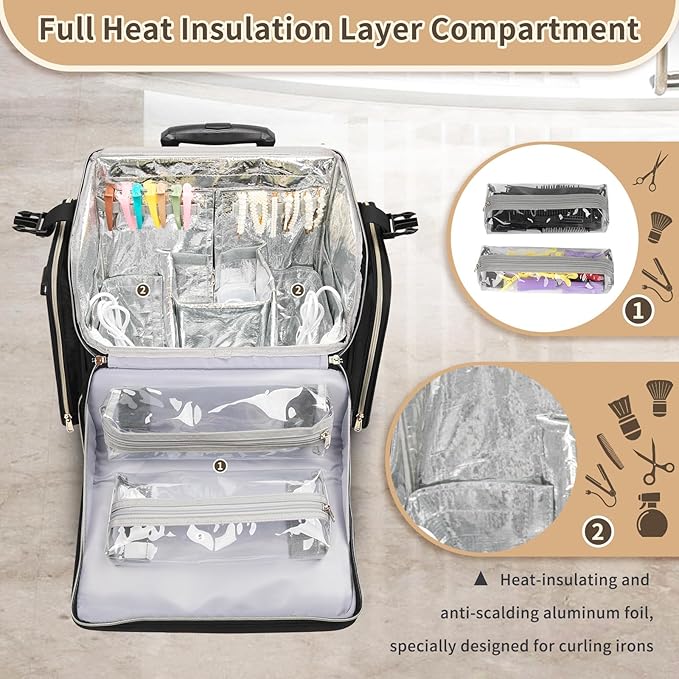 OCHEAL Hairstylist Traveling Case with a Large Makeup Travel Bag for Hairstylist, Hairdresser Bag with Detachable Pouch,360° Rotatable Wheelsfor Hairdressing Tool Organizer