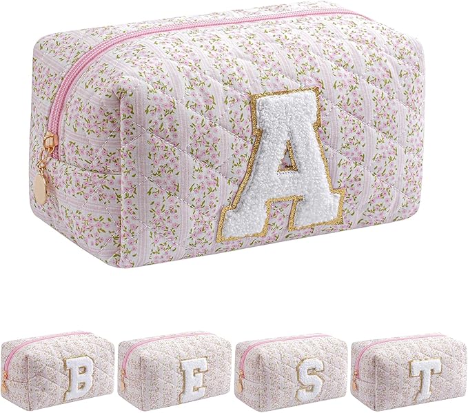 JOVAKIT Alphabet Makeup Bag Cosmetic Bag for Women, Christmas Gifts for Girls Age 6-18, Floral Flowers Coquette Travel Toiletry Zipper Make Up Pouch Organizer Trendy Stuff (Pink Floral A)