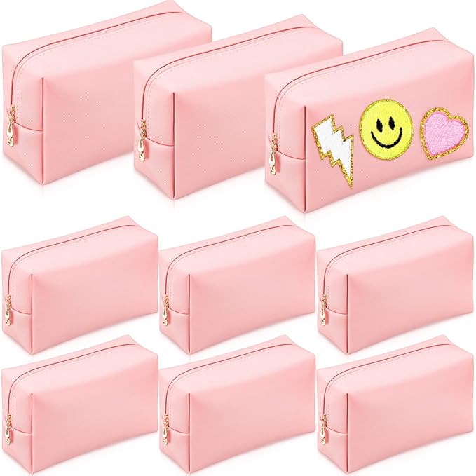 Sanwuta 9 Pcs Makeup Bags Bulk PU Double Zippers Cosmetic Bag Makeup Toiletry Christmas Small Pouch Portable Travel Organizers Case for Women Bridesmaid Party End of The Year(Pink)