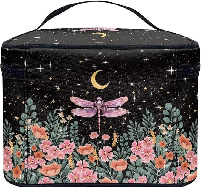 Dragonfly Floral Moon Pattern Makeup Bag Travel Cosmetic Bag with Zipper and Handle Portable Large Capacity Toiletry Case for Women Ladies Travel Accessories