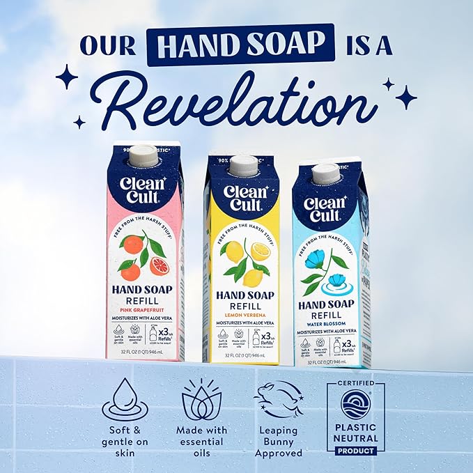 Cleancult Liquid Hand Soap Refill - Water Blossom - Moisturizes Dry & Sensitive Skin - Made with Aloe Vera & Essential Oils - Eco Friendly - Paper-Based Packaging - 32 oz/2 Pack