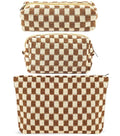 ZLFSRQ 3Pcs Checkered Makeup Bag for Women Large Small Checkered Cosmetic Bag Set Aesthetic Preppy Pencil Case Cute Pencil Pouch Brown Makeup Pouch for Purse Travel Toiletry Bags Zipper Skincare Bags