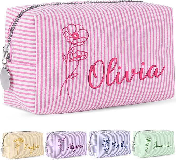Yofair Personalized Makeup Bag with Bith Flower, Large Capacity Travel Toiletry Case Teen Girl Gift Trendy Stufff Custom Seersucker Cosmetic Bags Birthday Gifts for Girls Women