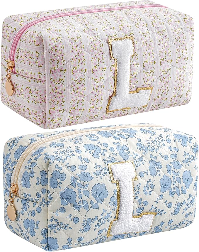 JOVAKIT Makeup Bag Cosmetic Bags for Women, Christmas Gifts for Girls Age 6-18, Alphabet Pink Floral Coquette Zipper Travel Makeup Pouch, Organizer Case Trendy Stuff (Pink+ Blue L)